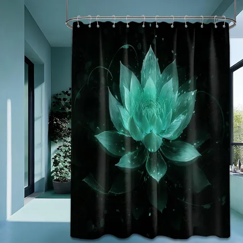 Miniatura 31 de Cortina de ducha con flores de loto negro y azul para decoración de baño, juego de cortinas decorativas de baño con estampado floral, tela