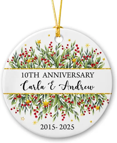 Adorno personalizado de Navidad, aniversario de boda, aniversario de 2025, adornos de cerámica de Navidad para parejas, esposo, esposa, adorno de