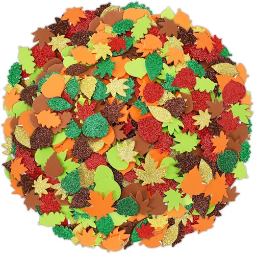 Miniatura 10 de Calcomanías de espuma de hojas de otoño de Acción de Gracias, 600 piezas de hojas de arce con purpurina otoñal y patrón colorido autoadhesivas