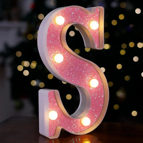 Miniatura 18 de Letras con luces LED, letras de marquesina con brillantina rosa, letras del alfabeto, letreros iluminados por pilas, para decoración de fiestas