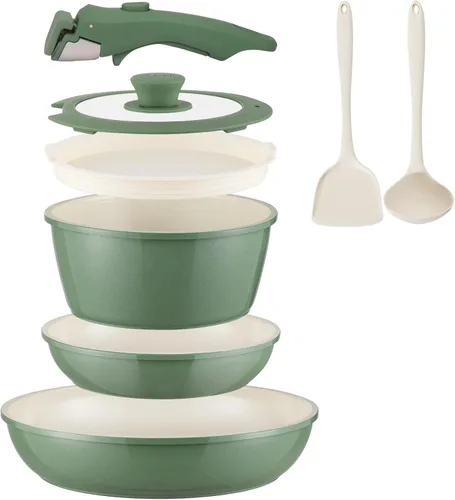 Juego de utensilios de cocina de cerámica antiadherentes, 8 piezas, juego de ollas y sartenes, mango desmontable, juego de cocina de inducción con