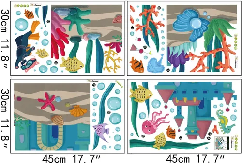 Miniatura 3 de Calcomanías de pared de peces marinos 3D bajo el mar, castillo, calcomanías de pared removibles de algas marinas, corales de medusas de burbujas