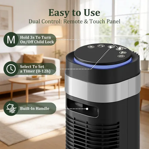 Miniatura 3 de Ventilador de torre para dormitorio, ventilador oscilante silencioso de 28 dB sin aspas con control remoto, 5 velocidades y 4 modos, temporizador