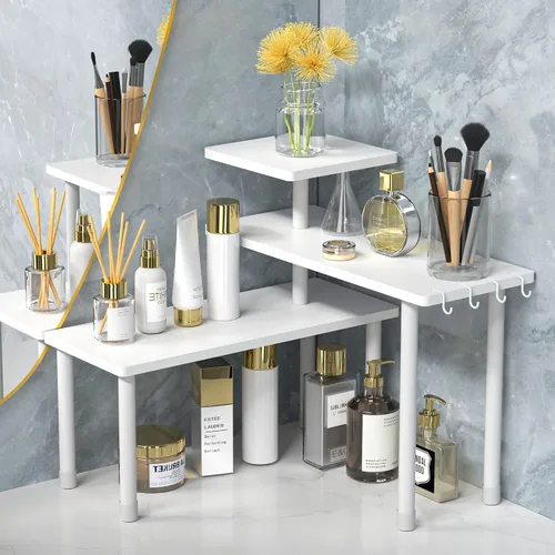 JayRex Organizador de baño, estante de encimera, estante de esquina de 3 niveles, organizador de bambú ajustable para encimera de baño, maquillaje,