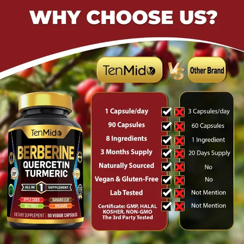 Miniatura 4 de Suplemento de berberina para hombres y mujeres, fórmula 8 en 1 con quercetina, cúrcuma, vinagre de sidra de manzana, raíz de remolacha y más