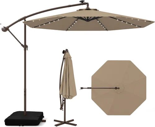 Miniatura 13 de Tangkula Sombrilla de patio de 10 pies con base incluida, sombrilla voladiza para exteriores con 40 luces LED solares, ajuste de inclinación, mango