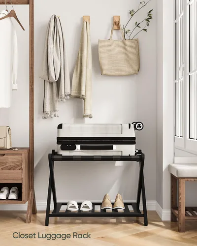 Miniatura 5 de Smart FENDEE Portaequipajes negro totalmente montado, soporte para maleta con estante para zapatos, soporte de equipaje plegable de madera