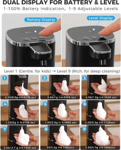 Miniatura 3 de Dispensador automático de jabón espumoso sin contacto, dispensador de jabón de manos inteligente recargable por USB, 9 niveles ajustables, 13.5 Negro