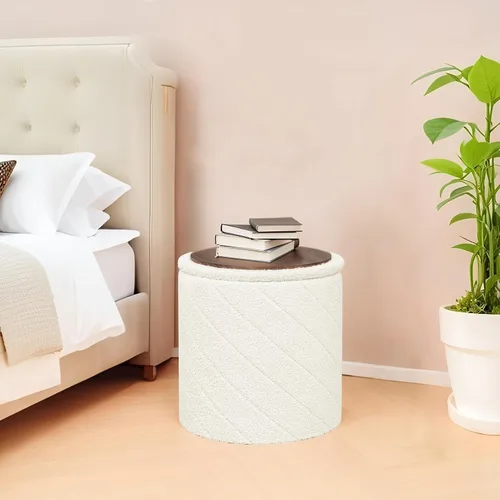 Miniatura 7 de B FSOBEIIALEO Otomana con almacenamiento, otomana redonda de bouclé con bandeja, taburete reposapiés para dormitorio, sala de estar blanca, Blanco
