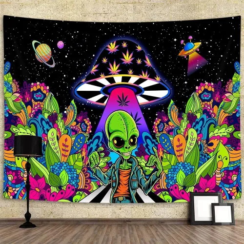 JAWO Tapices alienígenas geniales, tapiz mágico psicodélico de hongos psicodélicos OVNI para colgar en la pared, decoración del hogar para