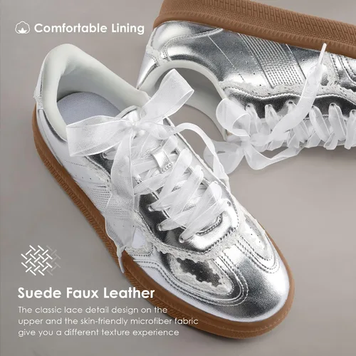 Miniatura 4 de Vilanva Zapatillas de moda con detalle de encaje para mujer, zapatillas casuales cómodas de vestir con suela de goma retro, calzado de moda