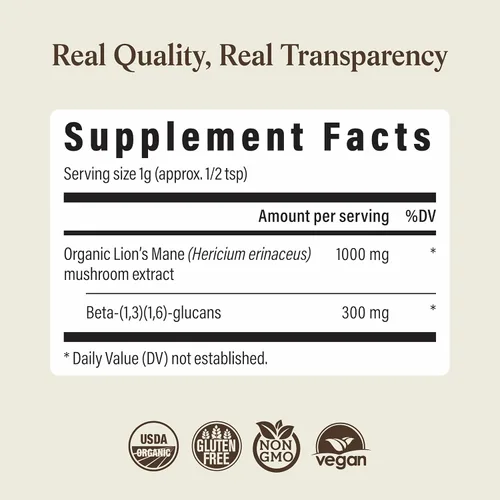 Miniatura 9 de Polvo de suplemento de melena de león de Real Mushrooms - Extracto orgánico de melena de león - Hongos funcionales con beta glucanos verificados