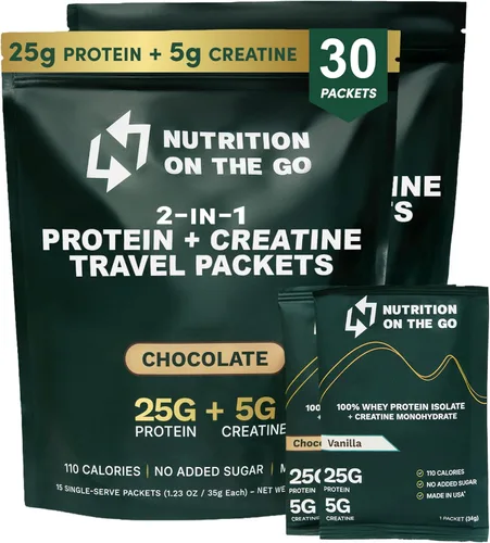 Nutrition On The Go Paquetes aislados de proteína de suero con creatina, 0.88 oz de proteína + 0.18 oz de creatina, proteína de viaje en polvo de