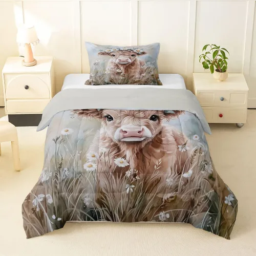 Miniatura 43 de Juego de ropa de cama de vaca de las tierras altas, edredón de ganado de las tierras altas, juego de edredón rosa floral de vaca occidental, juego