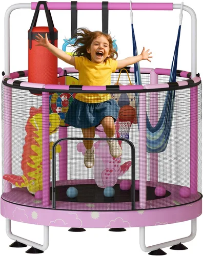 LAMERGE Trampolín redondo 7 en 1 de 55 pulgadas para niños y niñas de 1 a 8 años, trampolín para interiores y exteriores para diversión, barandilla