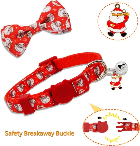 Miniatura 3 de Paquete de 2 collares navideños para gatos, collares festivos de Papá Noel y muñeco de nieve con campana y dije, ajustable, linda Navidad para niños