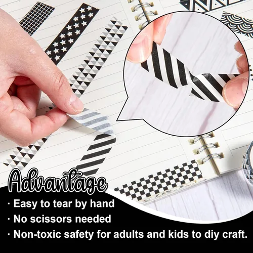 Miniatura 3 de Whaline 10 rollos de cintas Washi de color blanco y negro a cuadros, rayas, estrellas, Washi, cinta adhesiva decorativa de patrón geométrico surtido