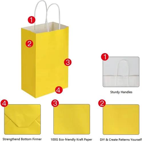 Miniatura 3 de Oikss Paquete de 100 bolsas pequeñas de papel kraft amarillas de 5.25 x 3.25 x 8.25 pulgadas con asas a granel para cumpleaños, bodas, fiestas