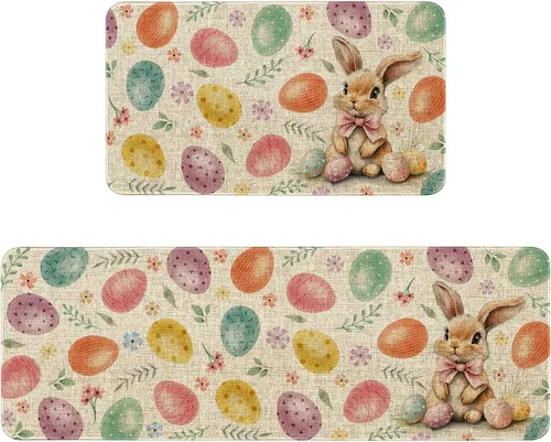 Juego de 2 alfombras de cocina de Pascua, decoración de cocina de Pascua, huevos coloridos para piso, tapete de 17 x 30 pulgadas + alfombra de