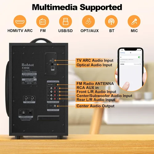 Miniatura 6 de Bobtot Sistema de sonido envolvente inalámbrico, sistema de cine en casa, altavoces envolventes de 1000 W, subwoofer de 8 pulgadas, graves profundos