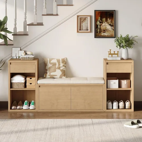 Miniatura 13 de SOFTSEA Banco de Almacenamiento Tapizado, Otomana de Almacenamiento con Cesta Removible y 2 Cajones, Banco de Zapatos de Estilo Granja con Cojín