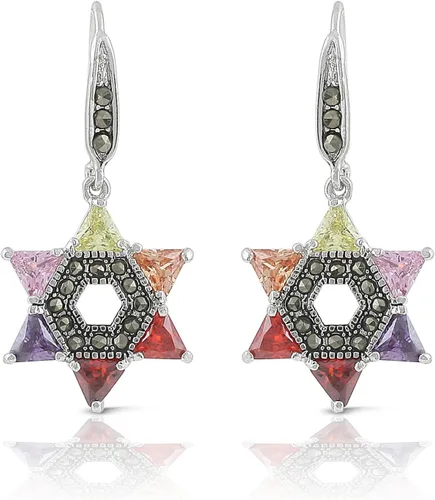 Pendientes de marcasita de estrella judía de David con circonita cúbica multicolor chapada en rodio, Circonita cúbica, Circonia cúbica