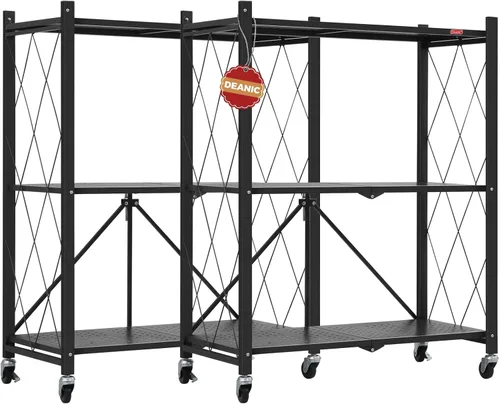 Miniatura 17 de DEANIC Estantes de almacenamiento plegables de 3 niveles con ruedas, soporte para electrodomésticos de cocina, estante de alambre de metal Gris