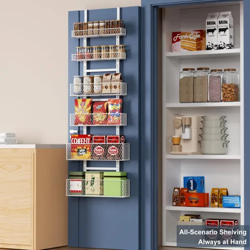 Miniatura 7 de Bunoxea Organizador de despensa de 6 niveles para colgar sobre la puerta, estante de especias colgante con cesta ajustable, estantes para colocar