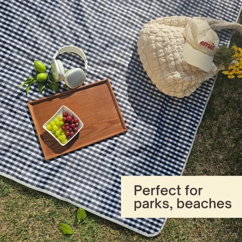 Miniatura 5 de Bonita manta de picnic a cuadros, impermeable y plegable, en tamaño grande 80x60 pulgadas y extragrande 80x80 pulgadas, manta de playa portátil Negro