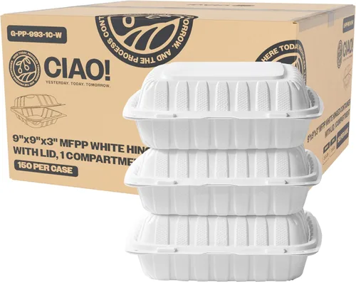 CIAO! Contenedor blanco con bisagras MFPP de 9"x9"x3" con tapa 1 compartimento (caja de 150)