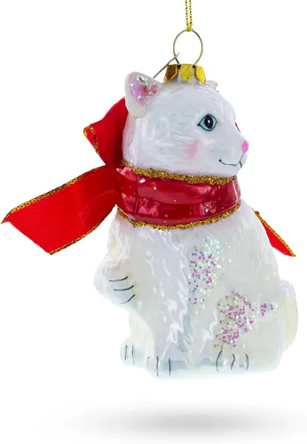 Miniatura 2 de Gato blanco con bufanda roja adorno navideño de cristal