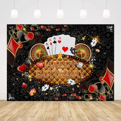 Miniatura 3 de AIBIIN Telón de fondo de feliz cumpleaños de 7 x 5 pies, decoración de fiesta de cumpleaños de Las Vegas, dados de Las Vegas, cartel de fiesta
