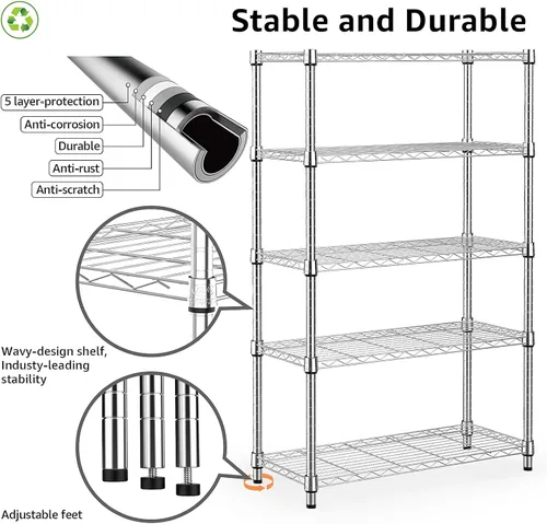 Miniatura 4 de M MZG 1250 lbs Estantería de alambre de acero resistente de 5 niveles Unidad de estanterías utilitarias Organizador de alambre de acero para el Cromo