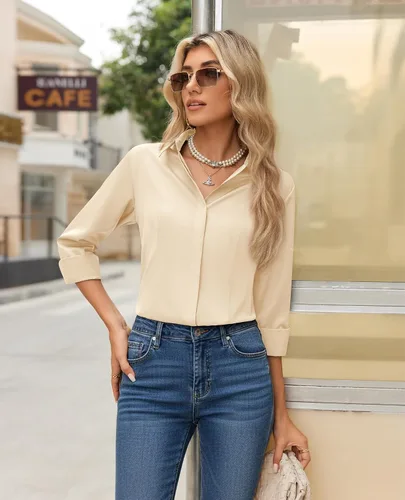 Miniatura 6 de Gleeivy Camisa con botones para mujer, solapa con botones ocultos, ligera, transpirable, resistente a las manchas, manga larga, trabajo e informal