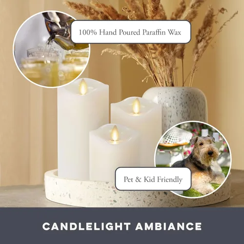 Miniatura 4 de Matchless Candle Co. de Luminara Juego de 3 (3" x 4.5", 5.5", 6.5") Vela sin llama LED parpadeante con pilas, llama móvil, pilar de cera, borde