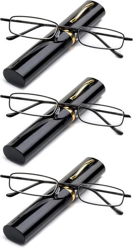 Newbee Fashion - Gafas de lectura ultra compactas con clip de bolsillo portátil y estuche de aluminio para lectores "Pocket" Negro - 3 paquetes