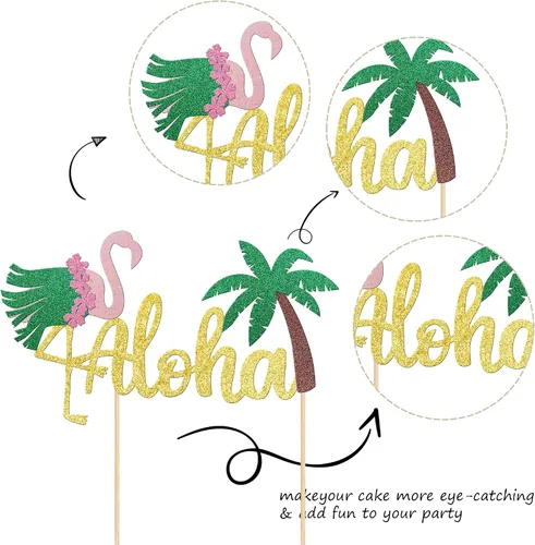 Miniatura 3 de 1 decoración para tarta de Aloha con purpurina para baby shower, paleta, palmera, flamenco, decoración para verano, hawaiano, Luau, tropical, Aloha