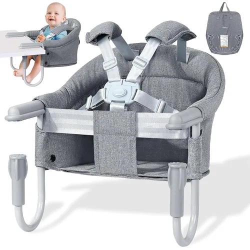 Orzbow Silla alta de gancho, asiento de mesa portátil para bebés y niños pequeños de 6 a 36 meses, silla alta plegable con clip con bolsa de Gris