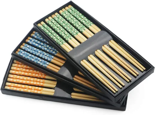 Miniatura 4 de Juego de 5 pares de palillos de bambú, reutilizables, estilo japonés, antideslizantes, juego de palillos clásicos de bambú natural, aptos
