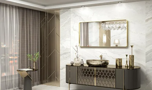Miniatura 2 de TokeShimi - Espejo rectangular de tocador para pared, con marco de metal y esquinas redondeadas, decoración del hogar, baño, sala de estar y Oro