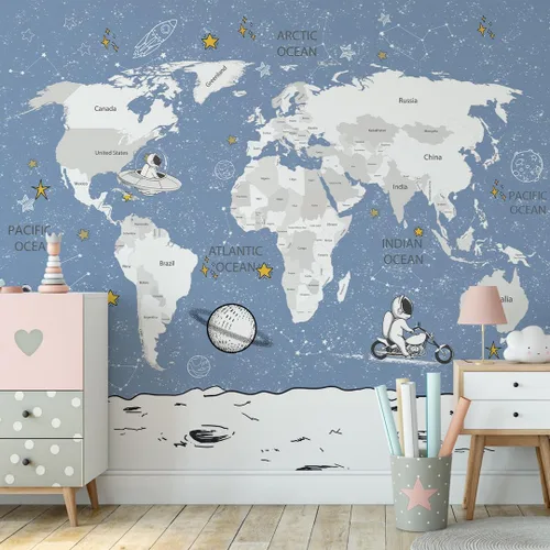 Miniatura 16 de Papel tapiz para habitación de niños, espacio de astronauta, mural de mapa gigante del mundo con países, papel tapiz para guardería, despegar