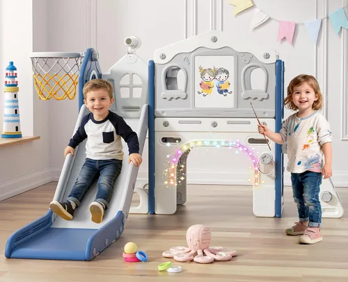 Miniatura 10 de BIERUM Juego de tobogán 10 en 1 para niños pequeños - Tobogán para bebés de 1 a 3 años con luces coloridas, pizarra para dibujar y tablero