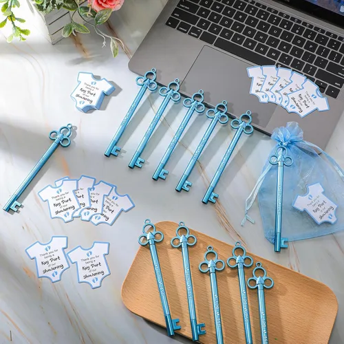 Miniatura 5 de Geyoga 50 juegos de recuerdos de fiesta de baby shower, 50 bolígrafos elegantes con forma de llave, bolígrafos de tinta de gel, 50 tarjetas de Azul