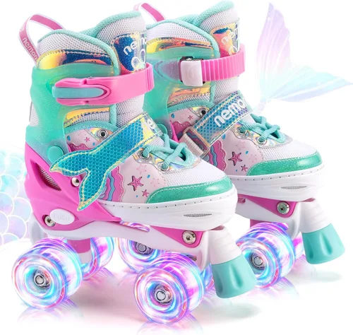 NEMONE - Patines de sirena con ruedas iluminadas y 4 tamaños ajustables para niñas, azul y morado, para niños pequeños, para principiantes, de C-