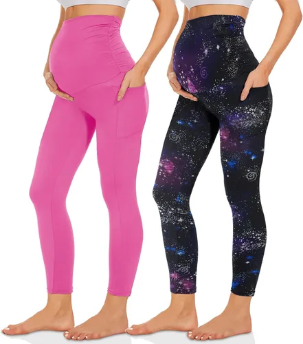 QGGQDD Paquete de 2 leggings de maternidad sobre el vientre con bolsillos, pantalones negros de cintura alta para entrenamiento, embarazo