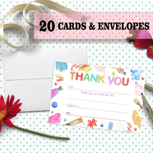 Miniatura 2 de Tarjetas de agradecimiento en blanco para decoración de fiestas de cumpleaños, notas de agradecimiento para niños o niñas, 20 tarjetas con 20 sobres