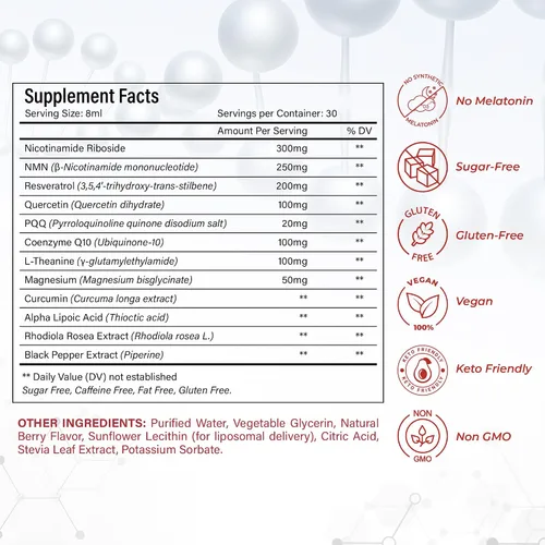 Miniatura 3 de Suplemento líquido NAD+ - Suplemento NAD+ de 1000 mg, NAD+ Nicotinamida Riboside Resveratrol Suplementos con PQQ, NAD+ Berry Flavor Sticks