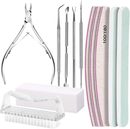 Miniatura 12 de FANDAMEI Kit de cuidado de uñas, limas de uñas 100/180, bloque de pulidor de uñas, pinzas de cutícula, cortador de cutícula, empujador de cutícula