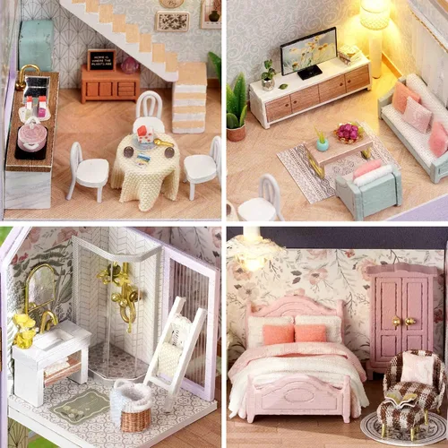 Miniatura 5 de Spilay Casa de muñecas Kit de muebles de madera en miniatura, mini casa de muñecas hecha a mano con LED, escala 1:24, juguetes creativos