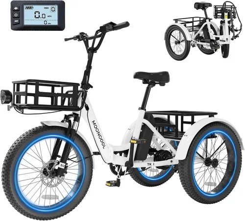 MOONCOOL Triciclo eléctrico para adultos, 500 W/750 W 48 V, triciclo eléctrico plegable de potencia máxima 1100 W, neumático grueso de 20 x 3.0